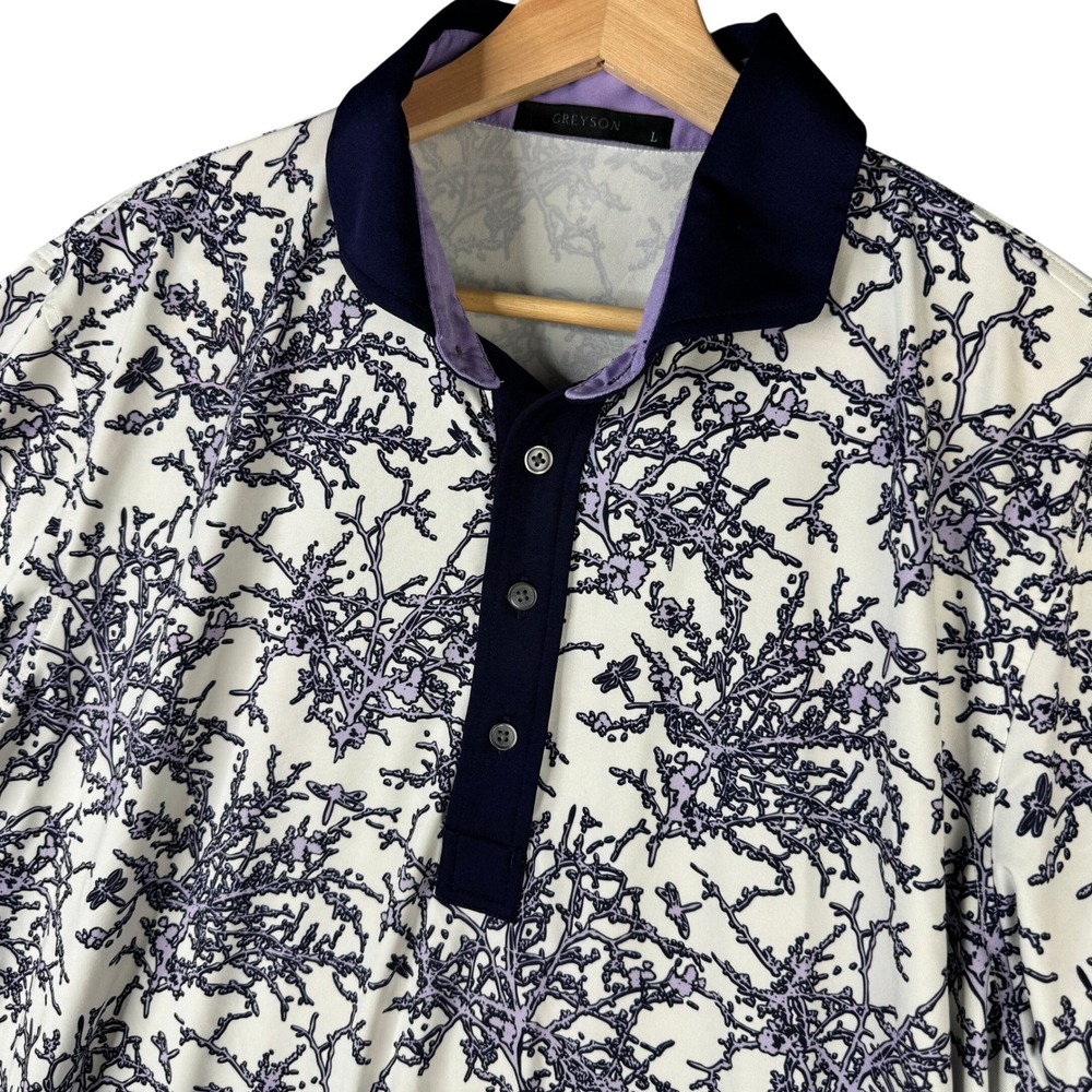 Greyson Mens Large Dragonfly Coral Print Performance Golf Polo Shirt Purple